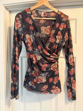 Sweet Pea Black Floral Wrap-Front Long Sleeve Top